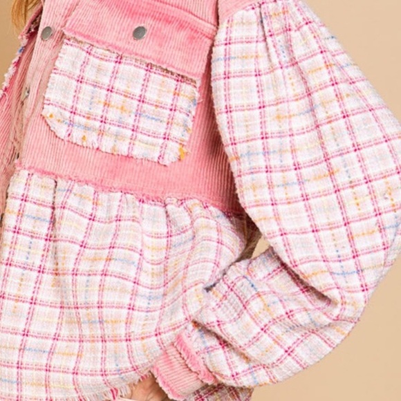 Corduroy Tweed Ballon Sleeves Pink Womens Shacket Button Down - Picture 7 of 11
